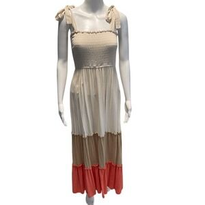 Signify Maxi Dress Smocked‎ Tie Straps Colorblock Tiered Boho Coral Beige M